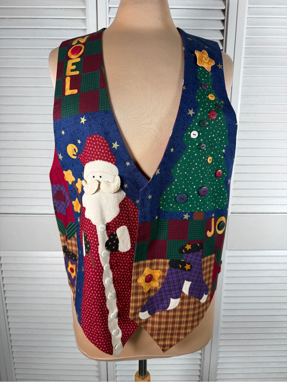 Handmade Christmas Vest Santa Snowman Tree Appliqué Folk Art Holiday L